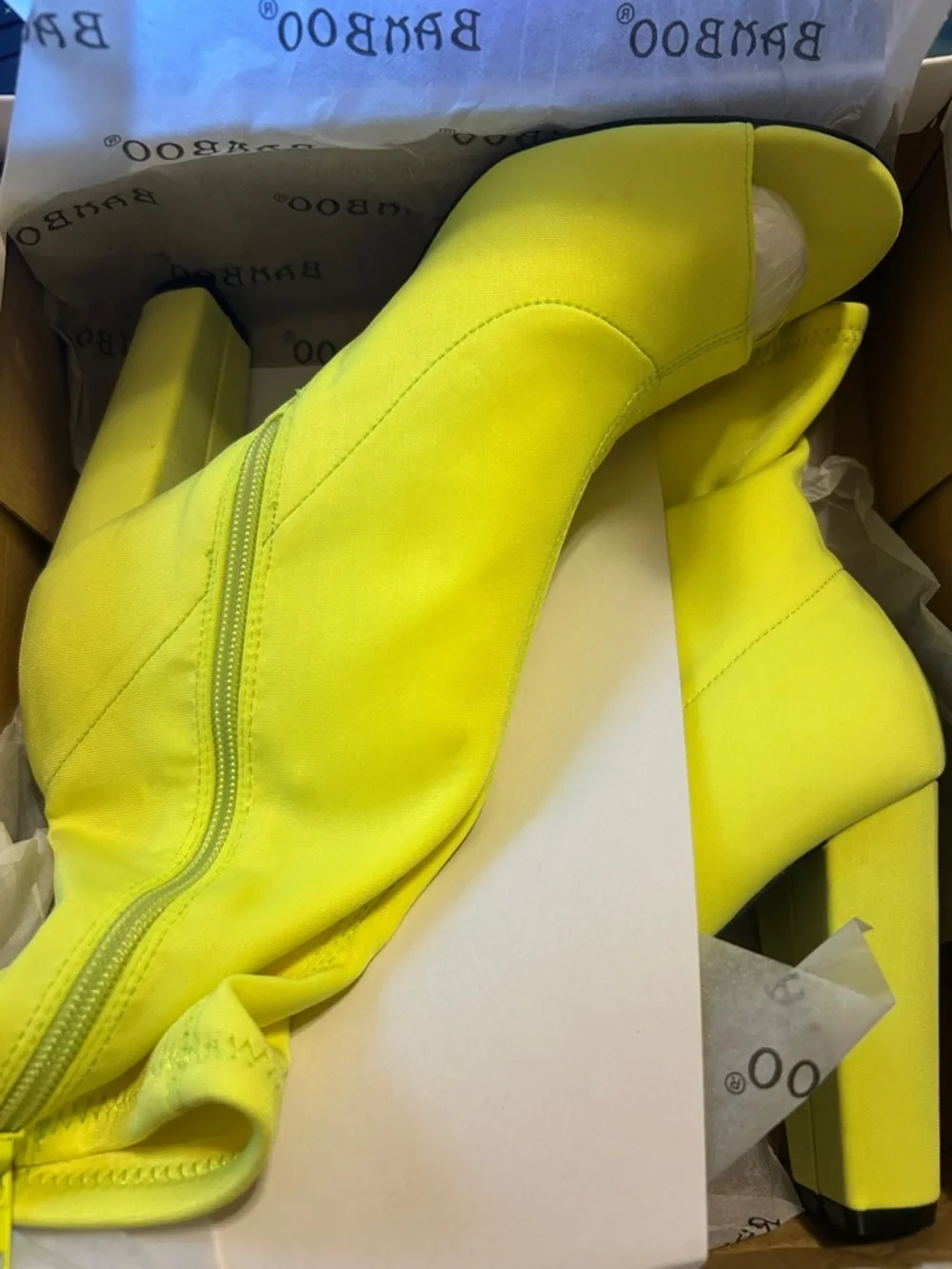 Bamboo Neon Yellow Peep-Toe Sock Bootie - Women - Picture 2 of 3
